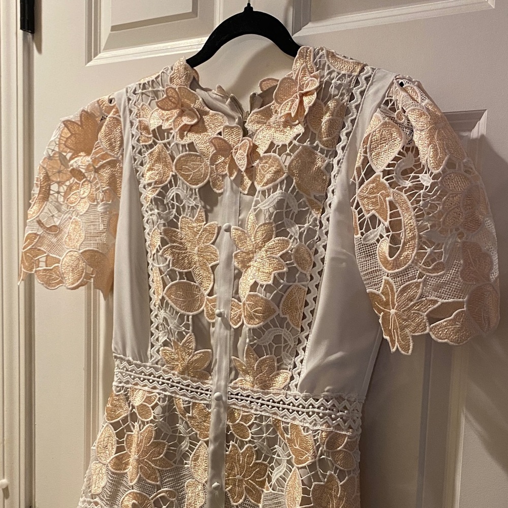 NWT Han Qing Mu Mu Elegant Retro Lace Cutout Ivory & Peach Midi Dress Size 2 - Picture 2 of 15